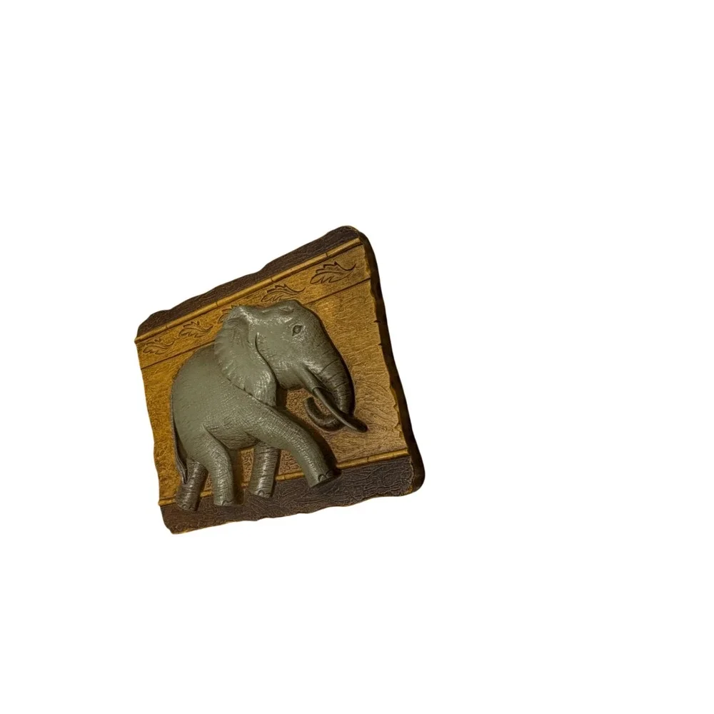 Vintage Elephant Wall Plaque Resin Faux Wood Relief Safari Wildlife Decor 11x9
